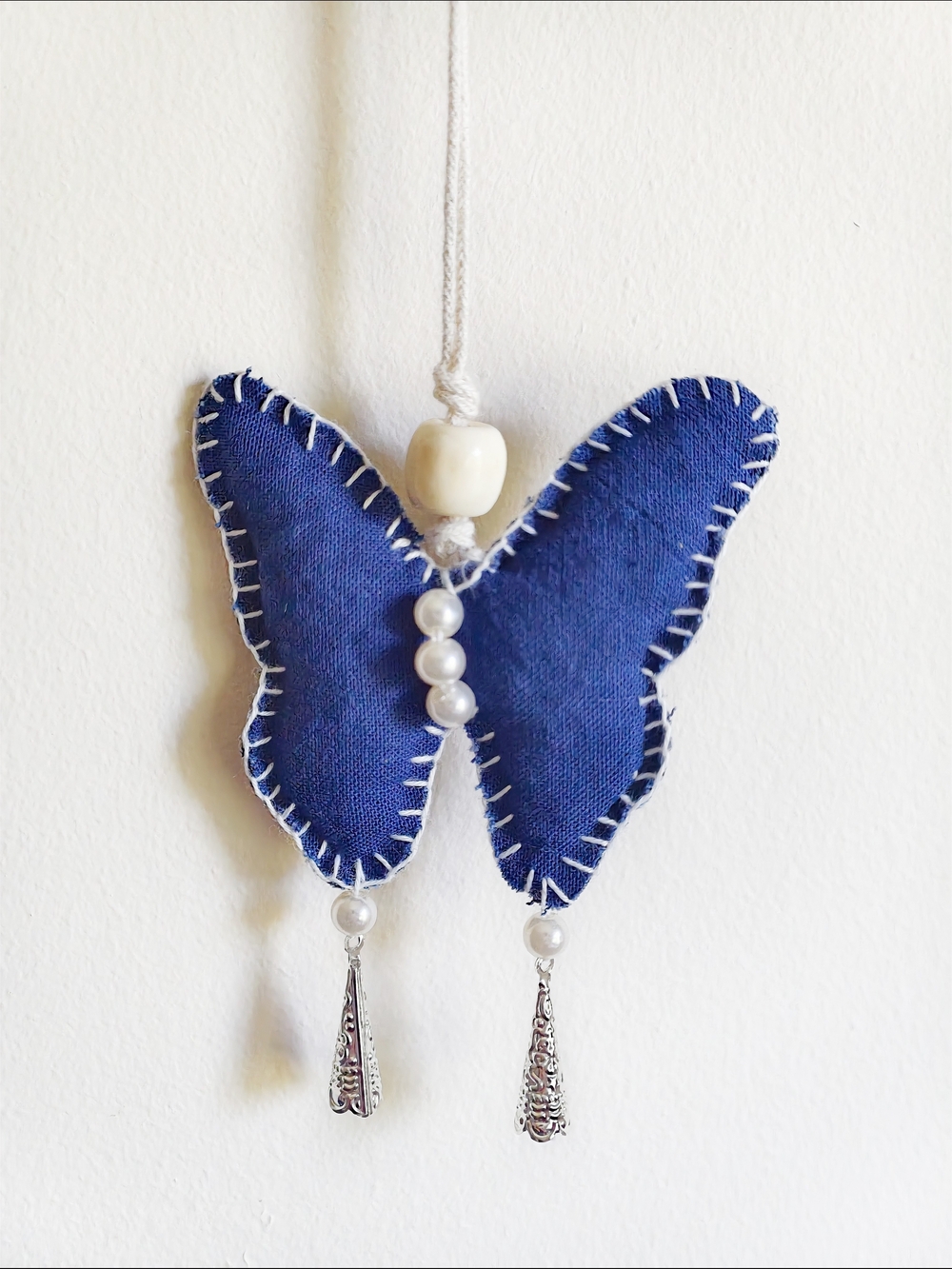 Hand Stitched Indigo Butterfly Mugwort Sachet  Wearable Hanging Charm
